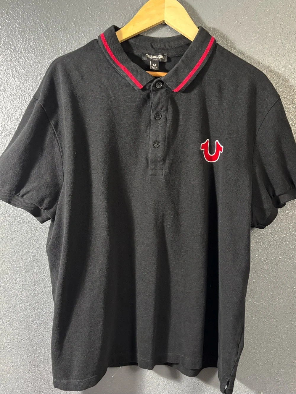 True Religion Black Polo with Red Trim and White Graphic Back